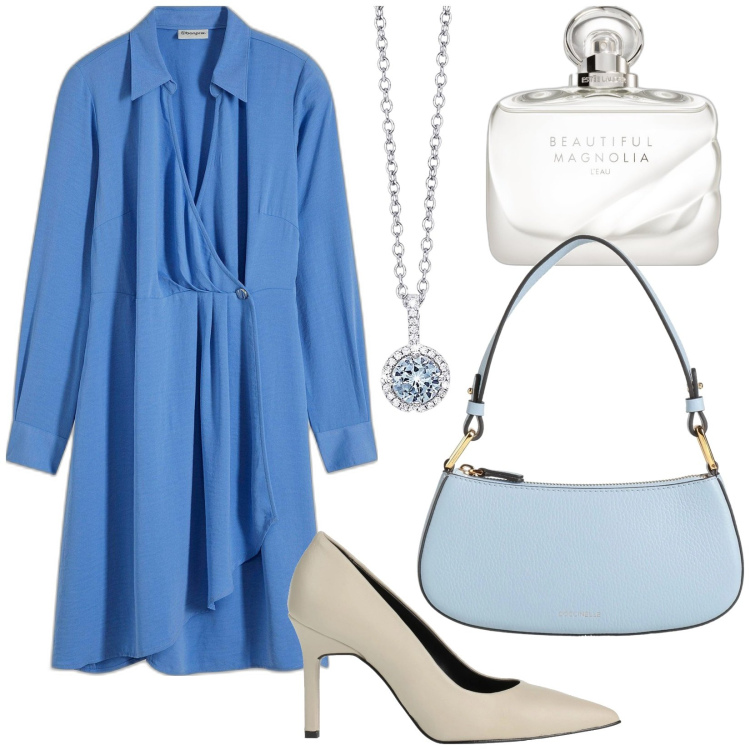 Outfit donna - Abito azzurro. Stile Bon Ton per Serata fuori. Abbinamento con vestiti, borse a mano, décolleté, profumi, collane.