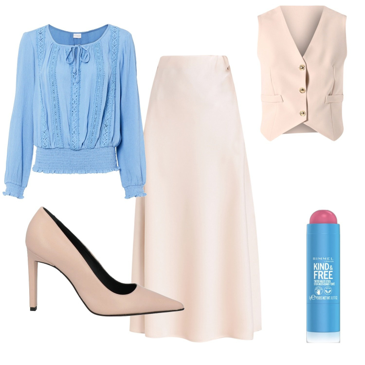 Outfit donna - Azzurro cielo e beige. Stile Romantica per Tutti i giorni. Abbinamento con bluse, décolleté, ombretti, gonne longuette, gilet.