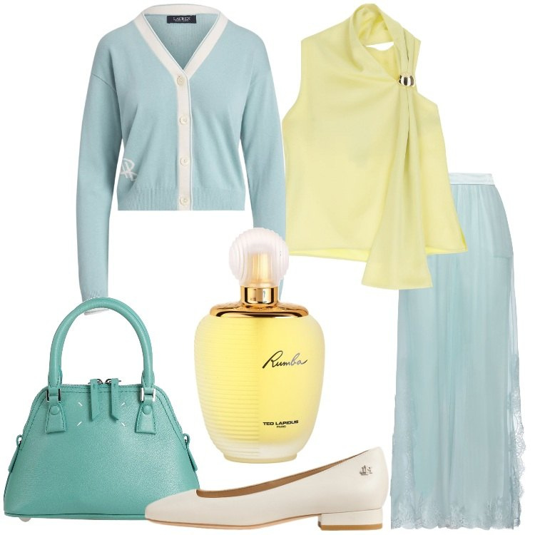 Outfit donna - Pastelli romantici. Stile Romantica per Serata fuori. Abbinamento con borse a mano, pantaloni, profumi, top, ballerine, cardigans.