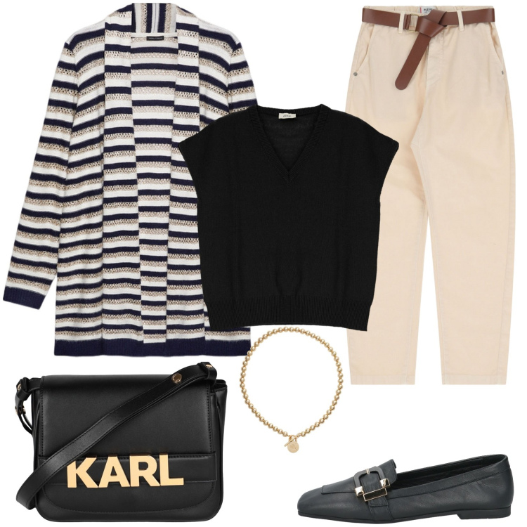 Outfit donna - Viaggio di lavoro. Stile Casual per Tutti i giorni. Abbinamento con mocassini, borse a tracolla, pantaloni chino, gilet, collane, cardigans.