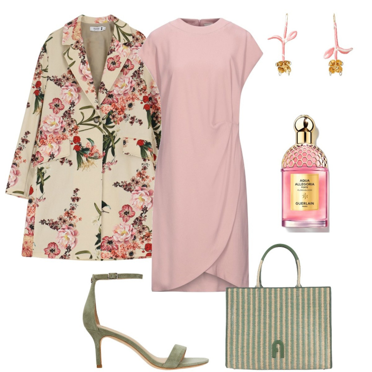 Outfit donna - Matrimonio in primavera. Stile Chic per Cerimonia. Abbinamento con vestiti corti, borse a mano, orecchini, profumi, trench, sandali in pelle.