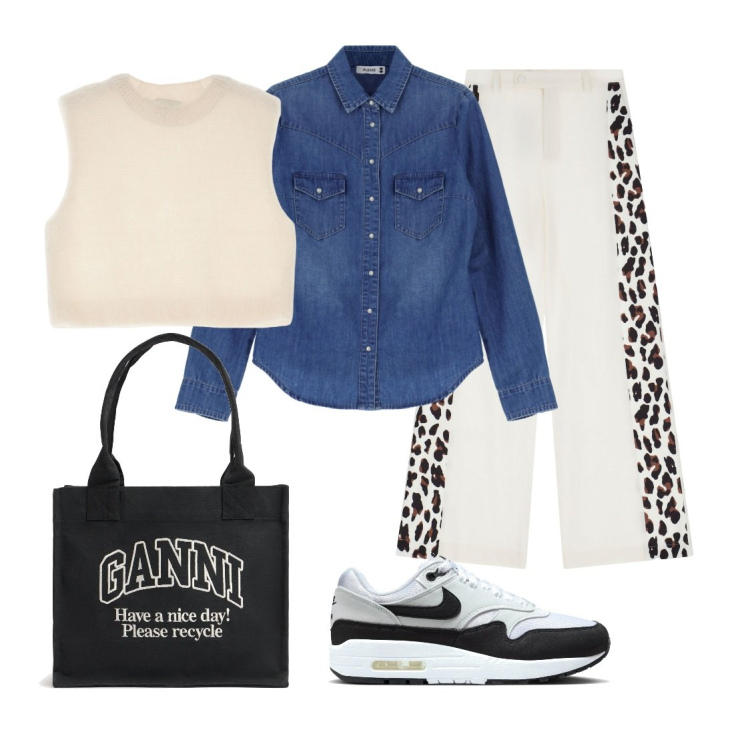 Outfit donna - Comfort. Stile Casual per Tutti i giorni. Abbinamento con camicie, pantaloni a palazzo, gilet, shopping bag, sneakers.