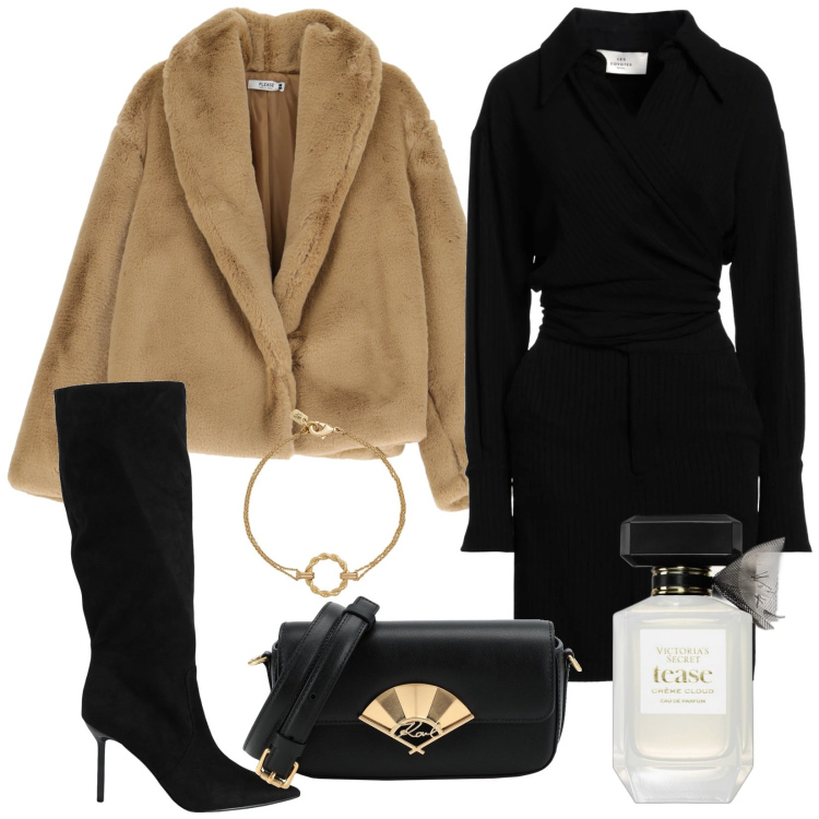 Outfit donna - Total look #2065238. per Serata fuori. Abbinamento con stivali, borse a tracolla, vestiti corti, profumi, ecopellicce, braccialetti.