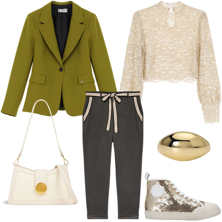 Outfit donna - Serata casual chic. Stile Casual chic per Serata fuori. Abbinamento con sneakers alte, borse a spalla, anelli, blazer, camicie, pantaloni chino.