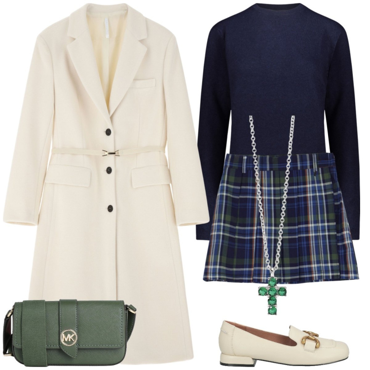 Outfit donna - Ufficio. Stile Preppy per Ufficio. Abbinamento con mocassini, borse a tracolla, ciondoli, cappotti, minigonne, maglieria.