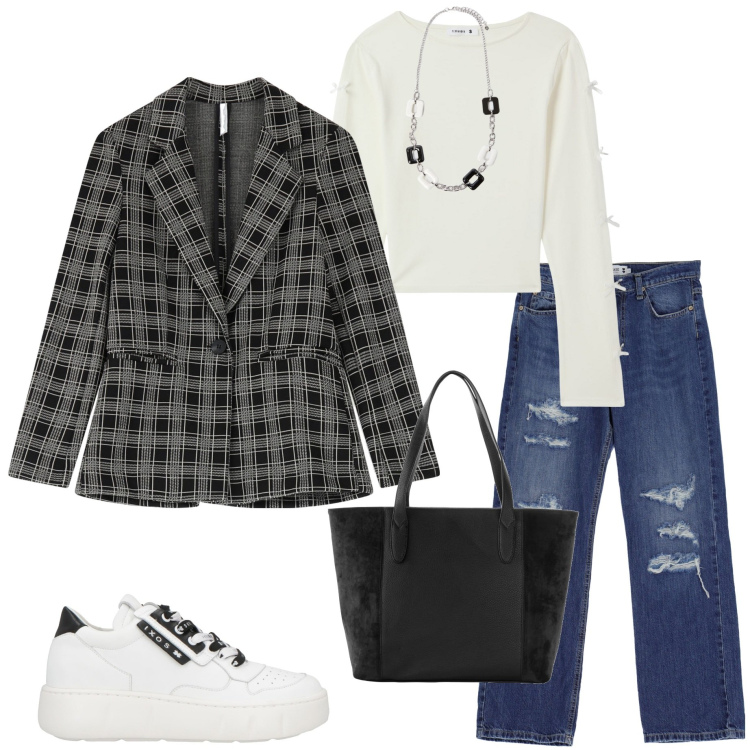 Outfit donna - Basic style. Stile Basic per Ufficio. Abbinamento con shopping bag, sneakers, t-shirt, jeans strappati, blazer, collane.