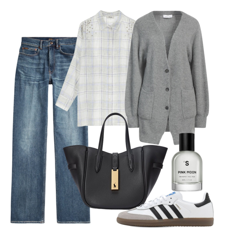 Outfit donna - Cardigan di febbraio. Stile Casual per Tutti i giorni. Abbinamento con cardigans, profumi, jeans dritti, borse tote, camicie, sneakers.