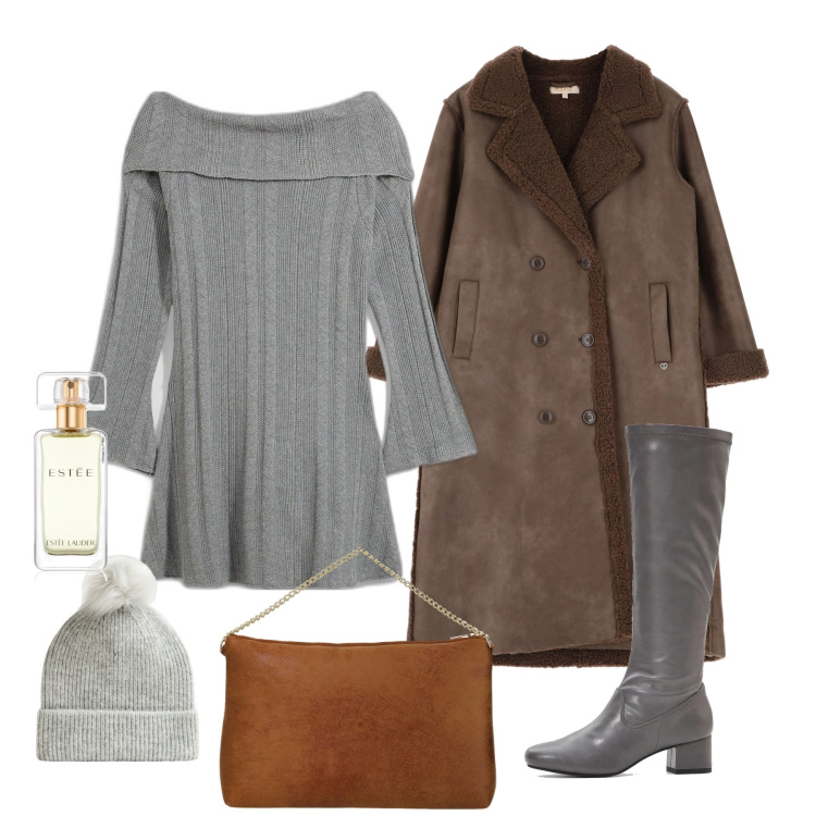 Outfit donna - Maglina grigia e montone. Stile Bon Ton per Tutti i giorni. Abbinamento con stivali, vestiti, profumi, berretti, cappotti, pochette.