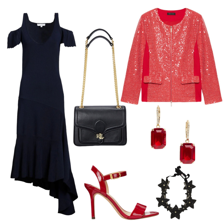 Outfit donna - Rosso e nero. Stile Glamour per Cerimonia. Abbinamento con collane, vestiti asimmetrici, borse a spalla, sandali col tacco, orecchini, blazer.