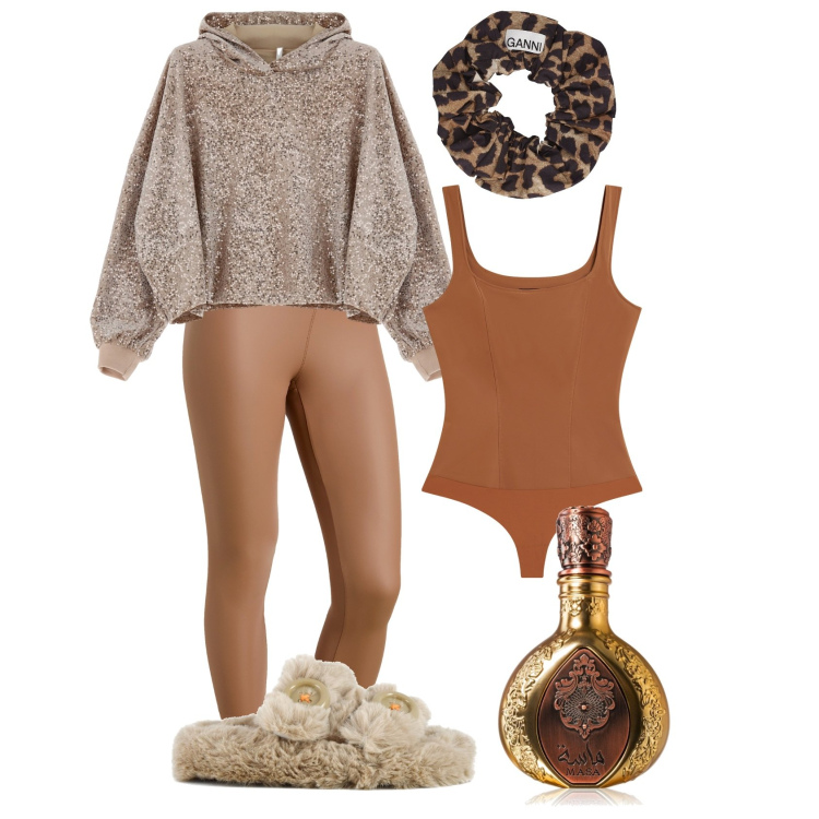Outfit donna - Comoda con stile. per Tutti i giorni. Abbinamento con profumi, felpe con cappuccio, treggings, body, ciabatte, accessori per capelli.