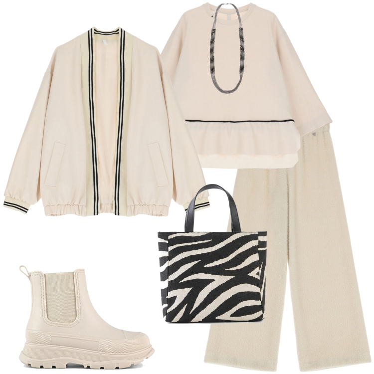 Outfit donna - Colore avorio. Stile Casual chic per Ufficio. Abbinamento con borse a mano, felpe, bomber, pantaloni, stivali, collane.