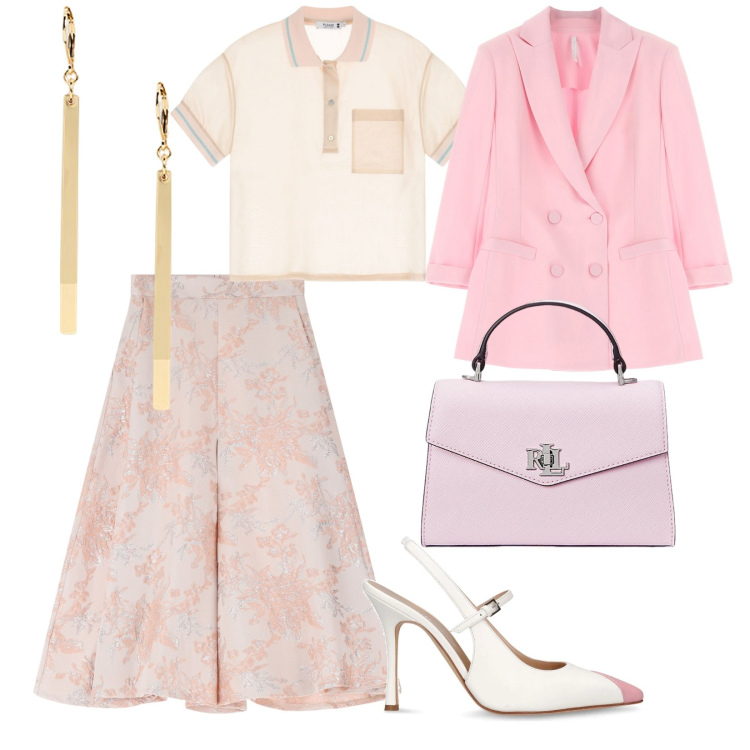 Outfit donna - Periodo cerimonie. per Cerimonia. Abbinamento con polo, gonne, blazer, borse a mano, orecchini, décolleté.