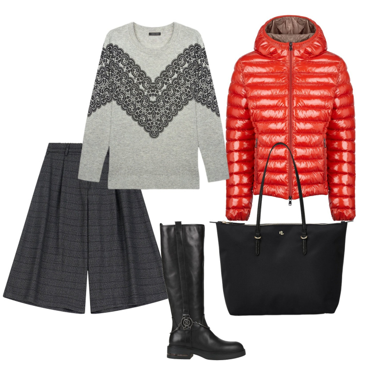 Outfit donna - Oggi fa freddo. per Tutti i giorni. Abbinamento con stivali, bermuda, borse tote, blazer, maglieria.