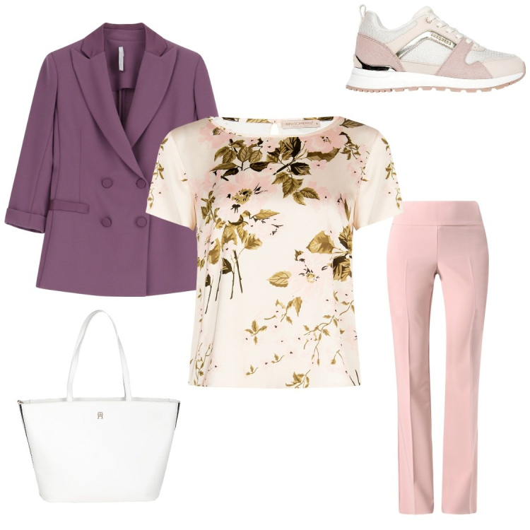 Outfit donna - Rosa tenue e non solo. Stile Casual per Ufficio. Abbinamento con borse a mano, pantaloni, bluse, blazer, sneakers.