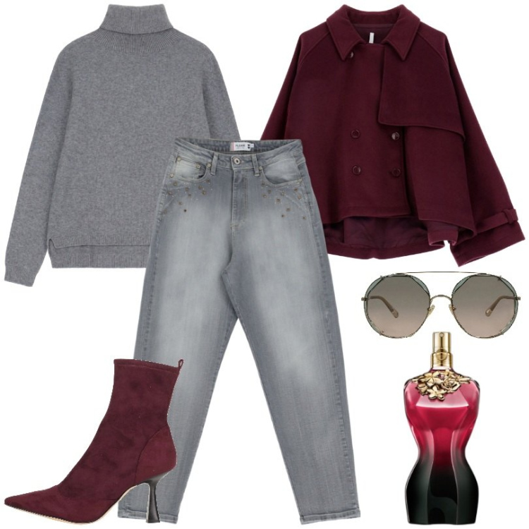 Outfit donna - Outfit planning. Stile Casual chic per Tutti i giorni. Abbinamento con stivaletti, occhiali da sole, profumi, jeans, caban, maglieria.