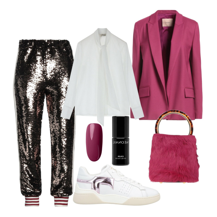 Outfit donna - Serata casual-chic. Stile Sporty chic per Serata fuori. Abbinamento con sneakers, blazer, pantaloni, borse a mano, smalti, camicie.