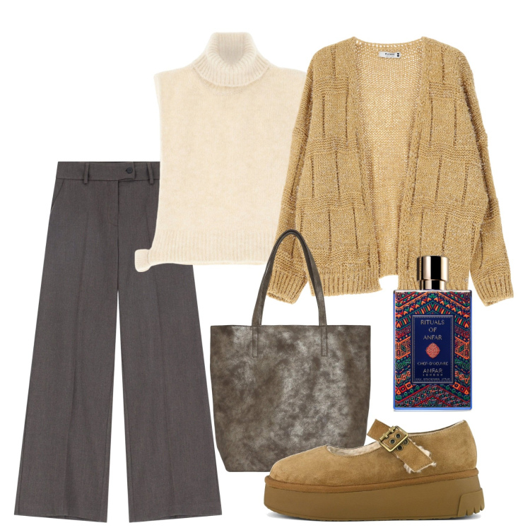 Outfit donna - Moka. Stile Bon Ton per Tutti i giorni. Abbinamento con profumi, borse tote, pantaloni a palazzo, cardigans, gilet, décolleté.