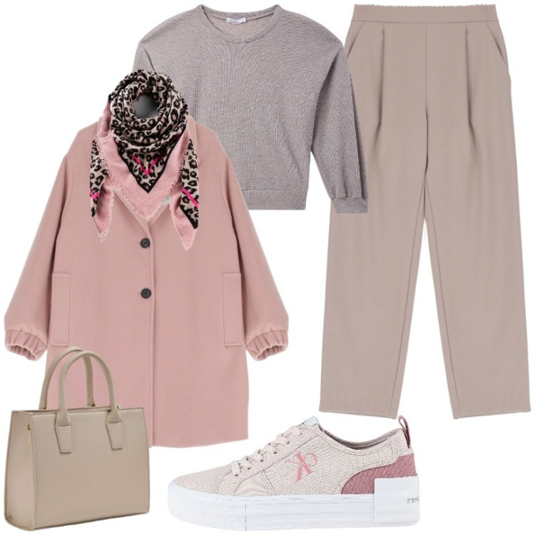 Outfit donna - Funzionalità e audacia. Stile Basic per Scuola/Università. Abbinamento con foulard, sneakers, shopping bag, maglieria, cappotti, pantaloni.