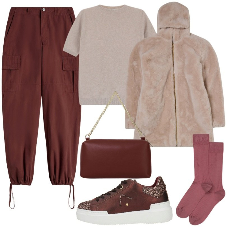 Outfit donna - basic. Stile Basic per Tutti i giorni. Abbinamento con sneakers, ecopellicce, pantaloni cargo, maglieria, borse a tracolla, calzini.