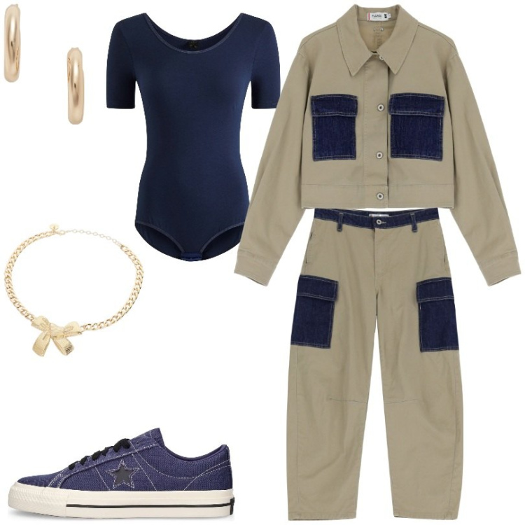 Outfit donna - Total look #2065357. Stile Trendy per Tutti i giorni. Abbinamento con body, pantaloni cargo, blazer, collane, orecchini, sneakers.