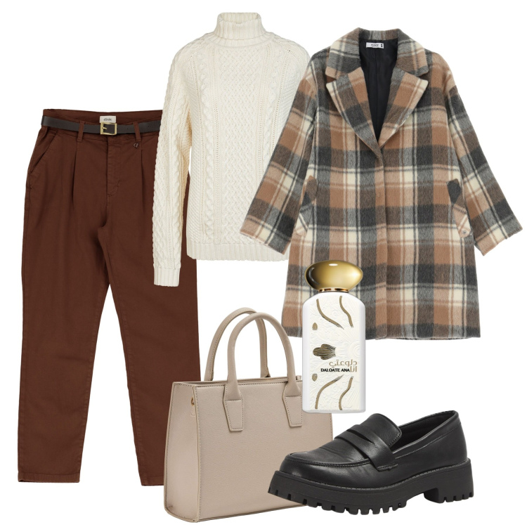 Outfit donna - Febbraio. Stile Bon Ton per Ufficio. Abbinamento con profumi, shopping bag, mocassini, cappotti, pantaloni chino, maglieria.