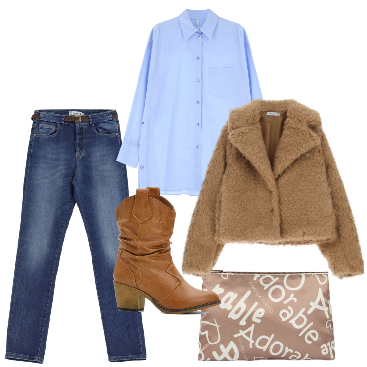 Outfit donna - Total look. Stile Bon Ton per Tutti i giorni. Abbinamento con stivaletti texani, blazer, jeans slim fit, camicie, pochette.