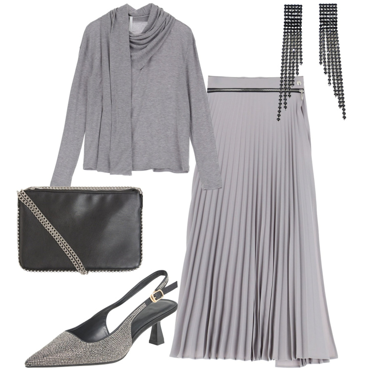 Outfit donna - Serata. Stile Trendy per Serata fuori. Abbinamento con borse a tracolla, décolleté, maglieria, gonne, orecchini.
