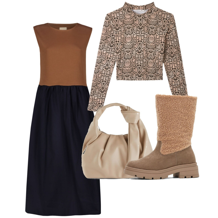 Outfit donna - City. Stile Bon Ton per Serata fuori. Abbinamento con borse a mano, stivali, t-shirt, vestiti midi/longuette.
