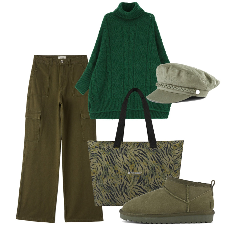 Outfit donna - City. Stile Bon Ton per Tutti i giorni. Abbinamento con cappelli, pantaloni cargo, maglieria, shopping bag, stivali.