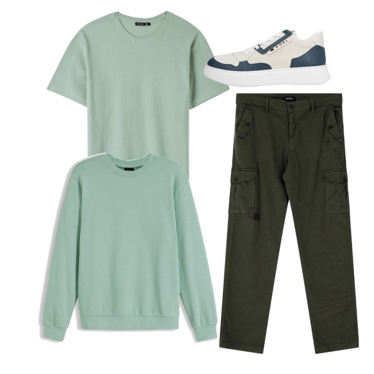 Outfit uomo - City. Stile Casual per Tutti i giorni. Abbinamento con felpe, sneakers, t-shirt, pantaloni cargo.