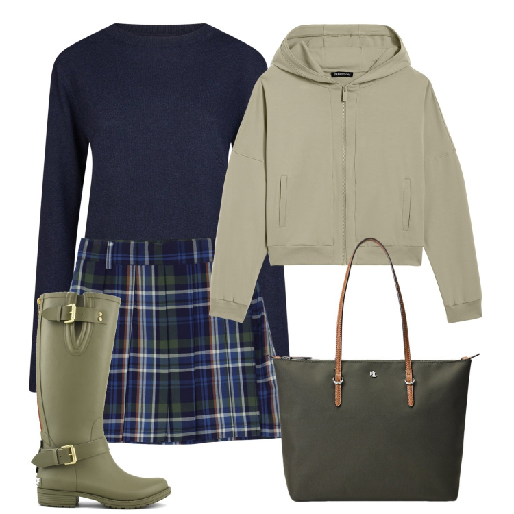 Outfit donna - Preppy. Stile Preppy per Tutti i giorni. Abbinamento con felpe con cappuccio, minigonne, borse tote, stivali, maglieria.