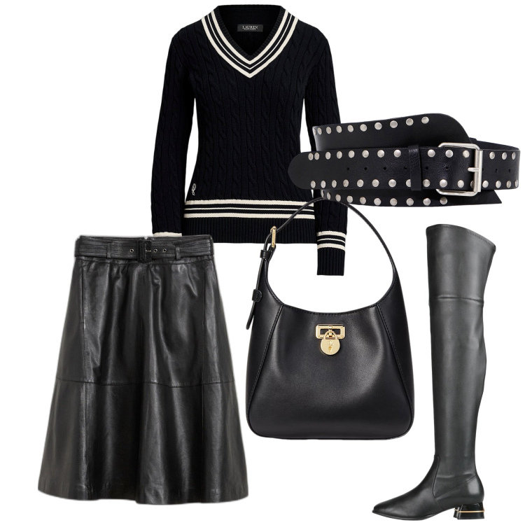 Outfit donna - Black. Stile Urban per Tutti i giorni. Abbinamento con gonne, stivali sopra il ginocchio, cinture, borse a tracolla, maglieria.