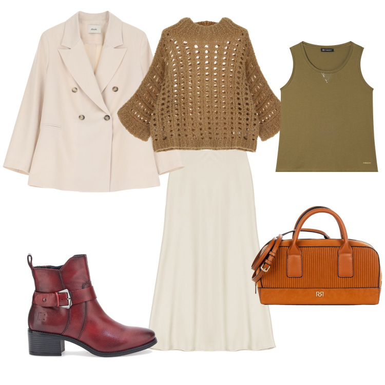 Outfit donna - Total look #2065418. Stile Casual per Tutti i giorni. Abbinamento con borse a mano, gonne longuette, canottiere, pullovers, blazer, stivali sopra il ginocchio.