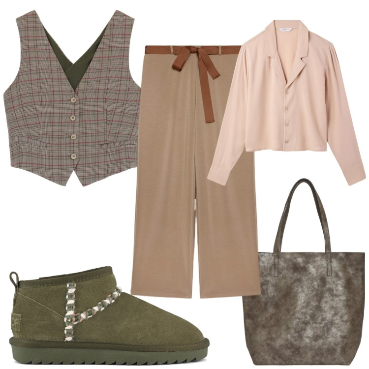 Outfit donna - I colori della terra in ufficio. Stile Trendy per Ufficio. Abbinamento con camicie, borse tote, gilet, pantaloni, stivali.