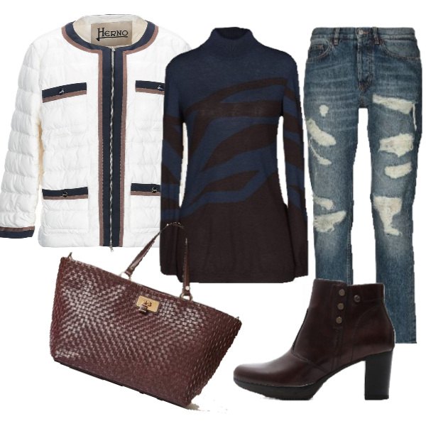 Outfit donna - Trendy #27922. Stile Trendy per Tutti i giorni. Abbinamento con maglioncino fantasia lavorato a maglia collo a dolcevita a maniche lunghe in lana, jeans effetto strappato delavé in cotone tinta unita, piumino collo tondo a maniche lunghe con zip interno imbottito in tessuto tecnico tinta unita, tronchetti con borchie e zip nero, shopping bag interno foderato oro.