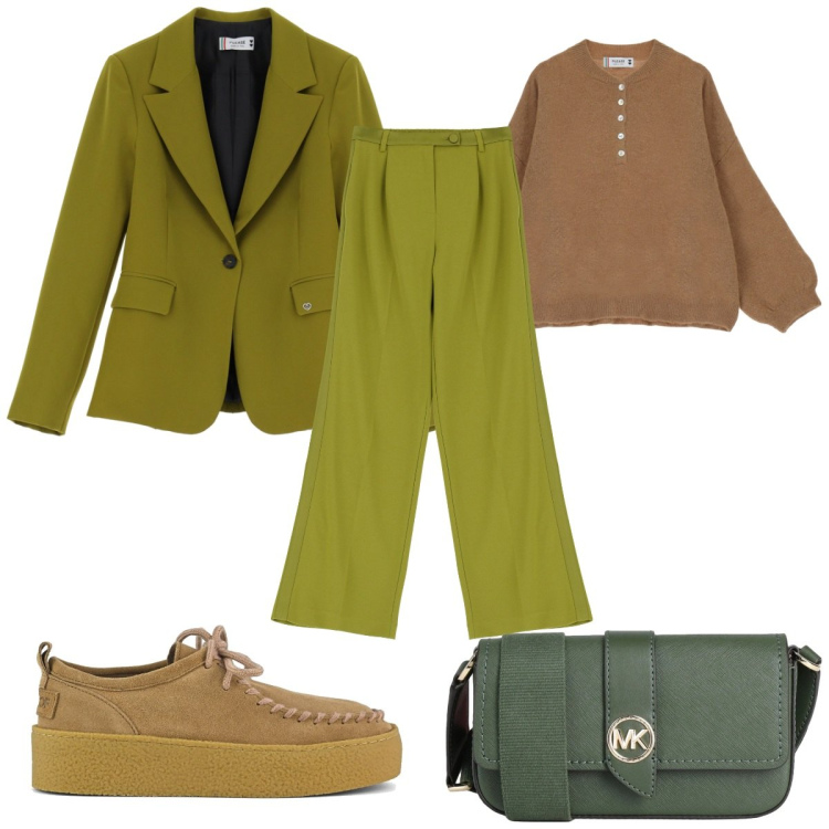 Outfit donna - I colori della terra tutti i giorni. Stile Trendy per Tutti i giorni. Abbinamento con borse a tracolla, blazer, maglieria, pantaloni, mocassini.