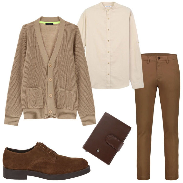 Outfit uomo - In ufficio. Stile Casual per Ufficio. Abbinamento con camicie, cardigans, portafogli, pantaloni chino, scarpe stringate.