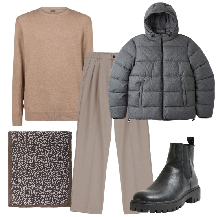 Outfit uomo - Total look #2065437. Stile Casual per Tutti i giorni. Abbinamento con stivali e stivaletti, piumini, pantaloni, sciarpe e foulard, maglieria.