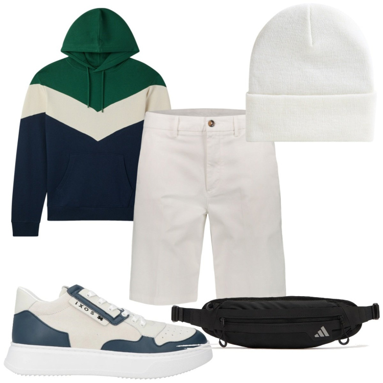 Outfit uomo - Total look #2065441. Stile Trendy per Tutti i giorni. Abbinamento con sneakers, felpe con cappuccio, berretti, bermuda, borse sportive.