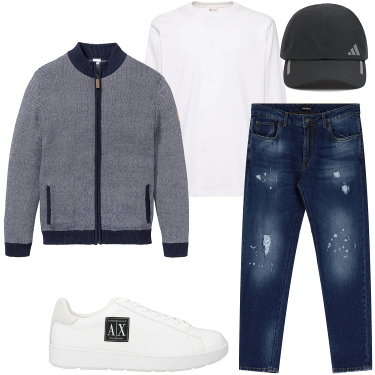 Outfit uomo - Domenica mattina. Stile Casual per Tutti i giorni. Abbinamento con cardigans, sneakers, jeans, cappelli, t-shirt.