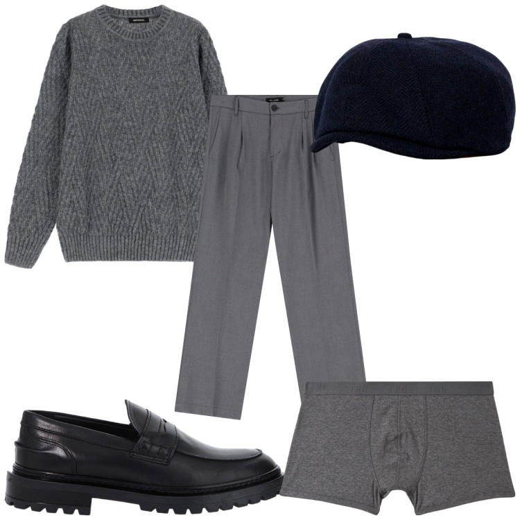 Outfit uomo - Total look #2065447. Stile Casual per Ufficio. Abbinamento con boxer, scarpe stringate, pantaloni, maglieria, cappelli con visiera.