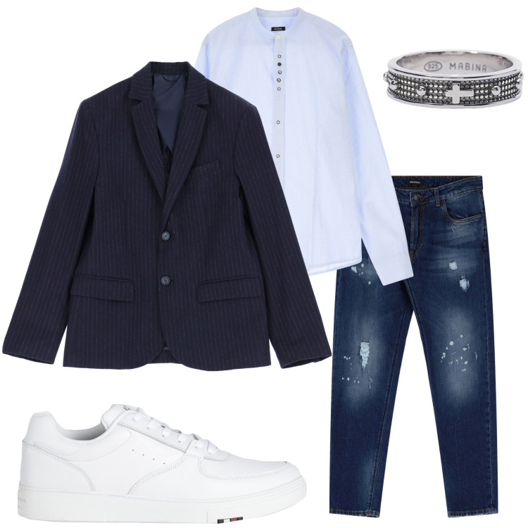 Outfit uomo - Serata con amici. Stile Trendy per Serata speciale. Abbinamento con sneakers, anelli, camicie, jeans, giacche.
