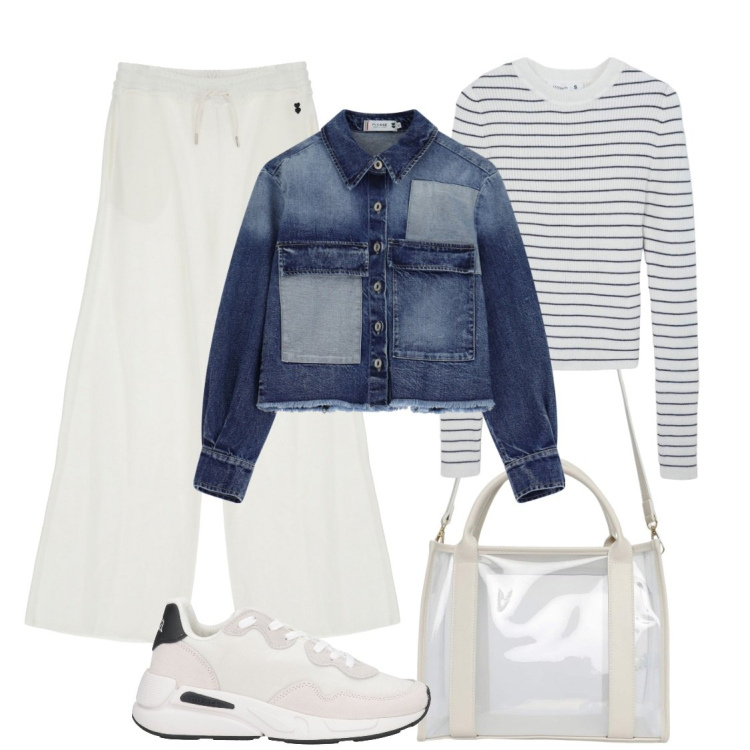 Outfit donna - City. Stile Casual per Tutti i giorni. Abbinamento con sneakers, borse tote, maglieria, pantaloni a palazzo, blazer.