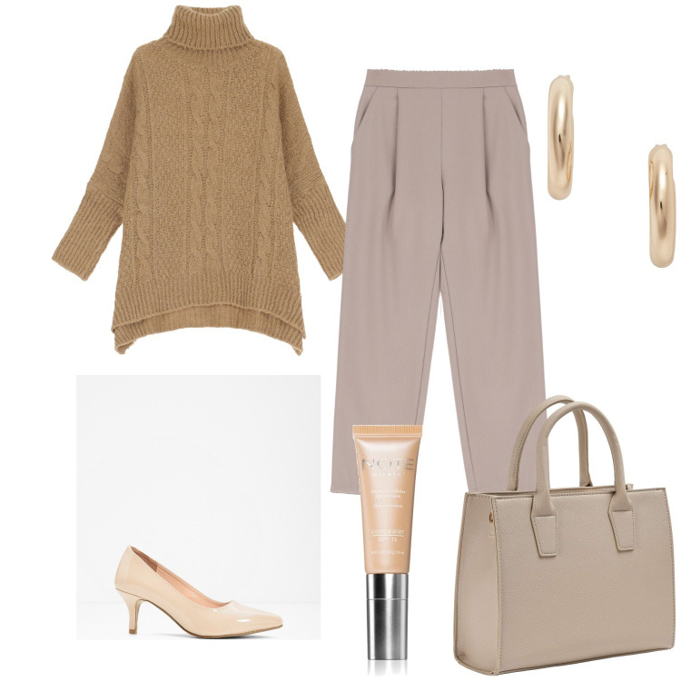 Outfit donna - Pronta per il lavoro. Stile Urban per Ufficio. Abbinamento con décolleté, correttori, shopping bag, maglieria, pantaloni, orecchini.