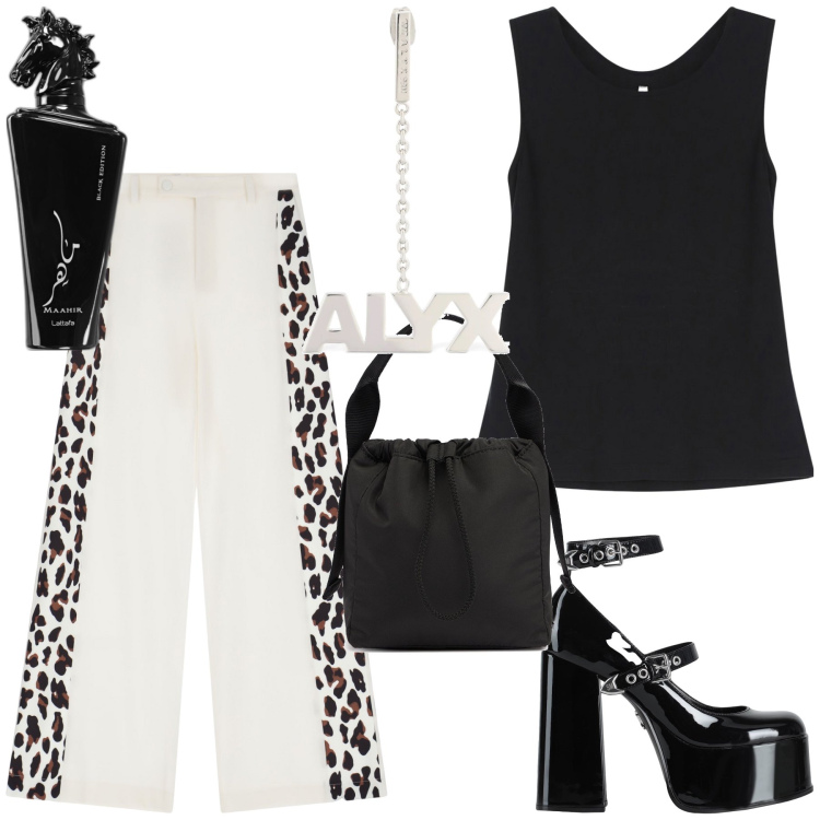 Outfit donna - Il pantalone originale ed il plateau. Stile Trendy per Serata fuori. Abbinamento con décolleté, profumi, pantaloni a palazzo, canottiere, orecchini, borse a mano.