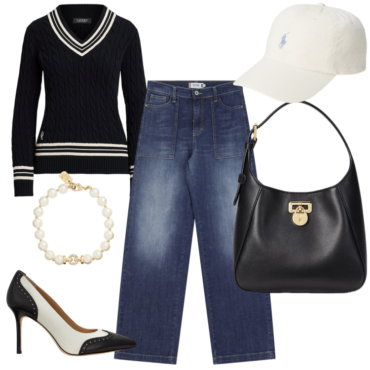 Outfit donna - Passeggiata chic. Stile Glamour per Tutti i giorni. Abbinamento con jeans, borse a tracolla, cappelli, braccialetti, décolleté, maglieria.