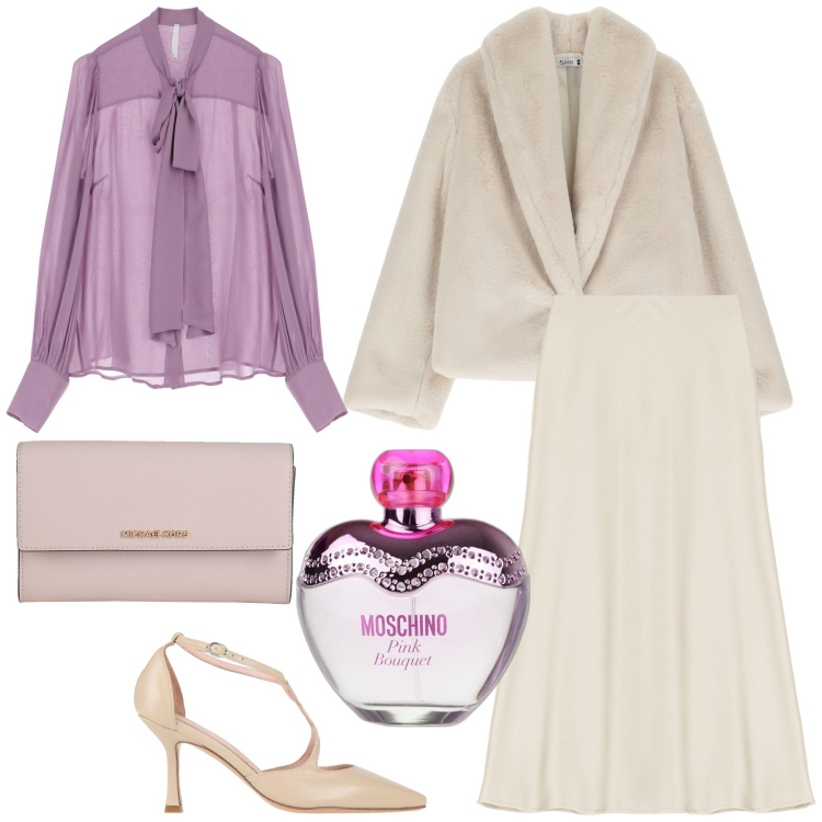 Outfit donna - Cerimonia di febbraio. Stile Bon Ton per Cerimonia. Abbinamento con décolleté, borse a mano, camicie, gonne longuette, profumi, ecopellicce.