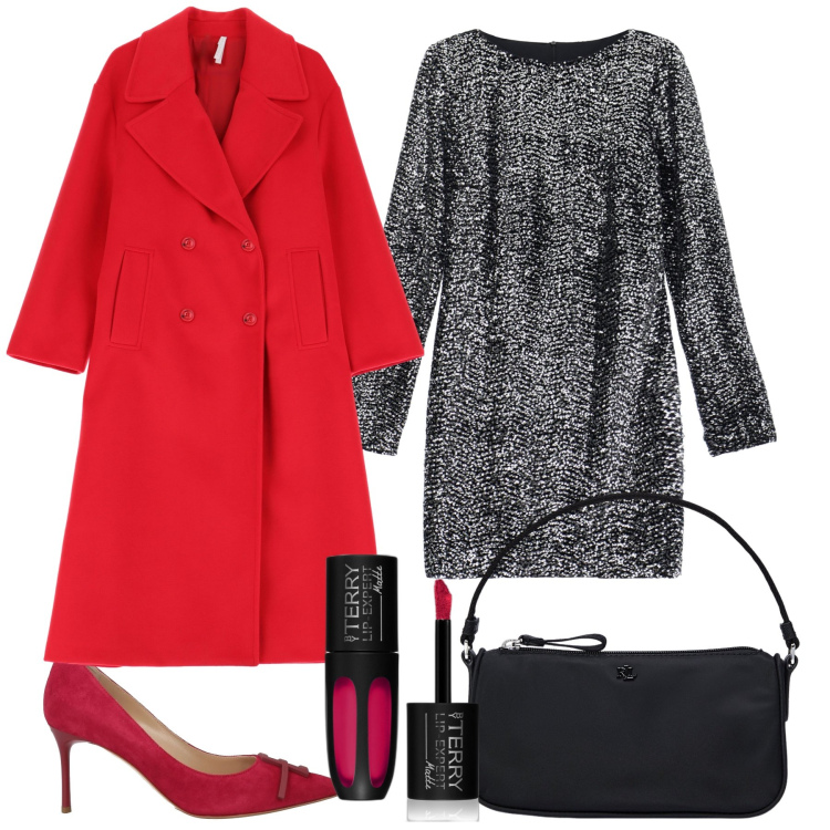 Outfit donna - Il cappottino rosso di fine inverno. Stile Chic per Serata fuori. Abbinamento con décolleté, rossetti, vestiti corti, cappotti, pochette.