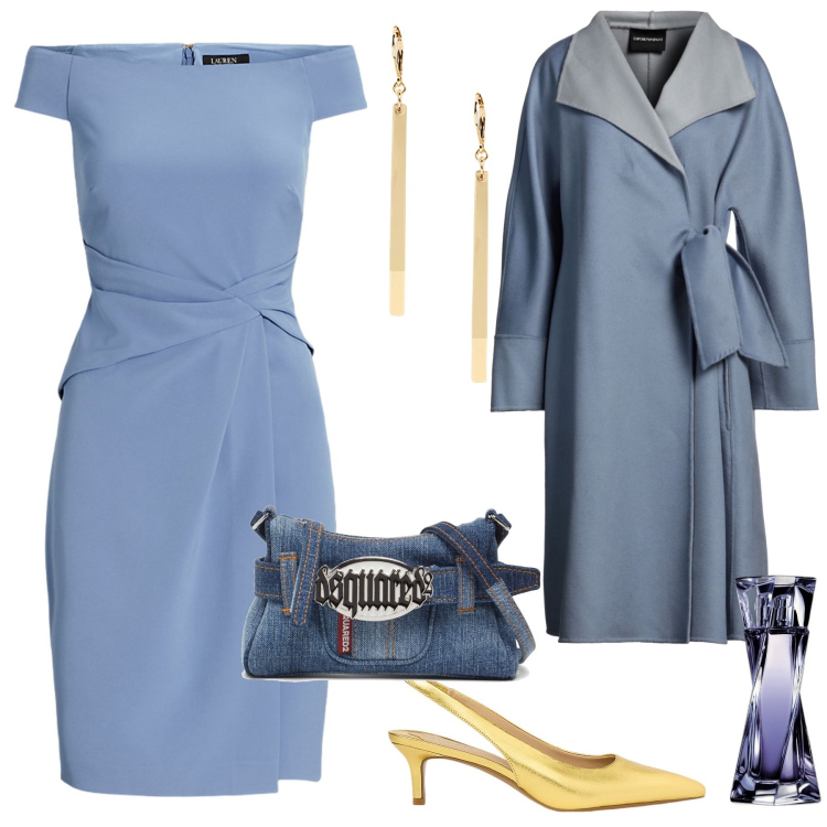 Outfit donna - Invitata in azzurro. Stile Chic per Cerimonia. Abbinamento con cappotti, profumi, vestiti, décolleté, orecchini, pochette.