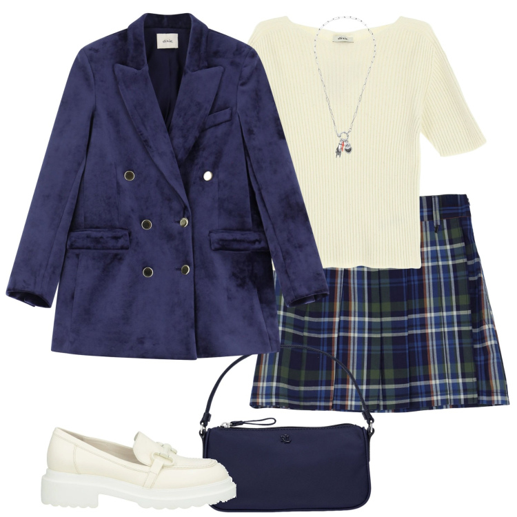 Outfit donna - Giacca in velluto. Stile Preppy per Scuola/Università. Abbinamento con mocassini, ciondoli, minigonne, blazer, maglieria, pochette.